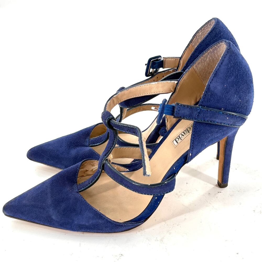Charles David Cage Strappy Heels 7.5 Blue Suede Pumps Academia Office Career